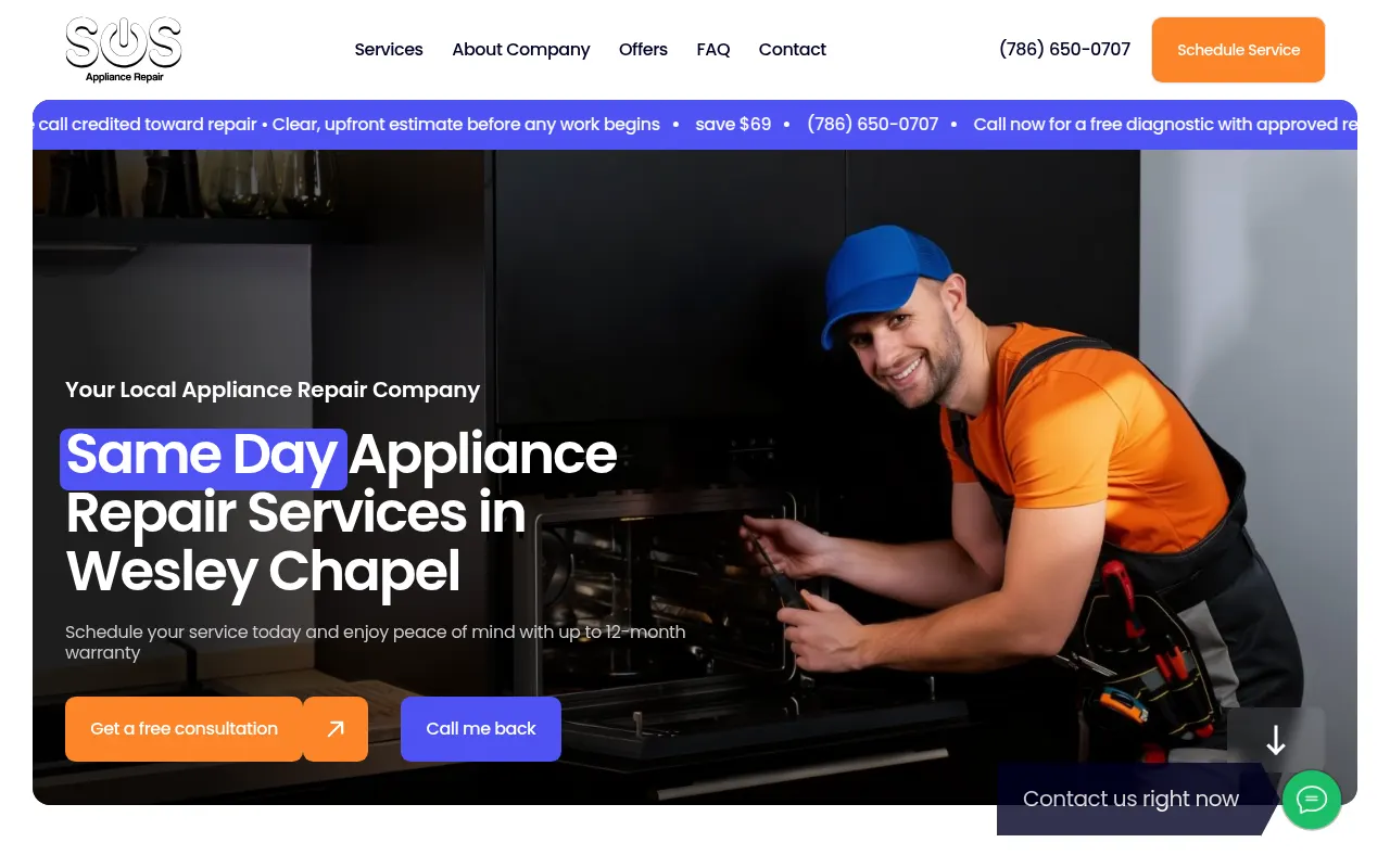 SOS Appliance Repair website, first screen